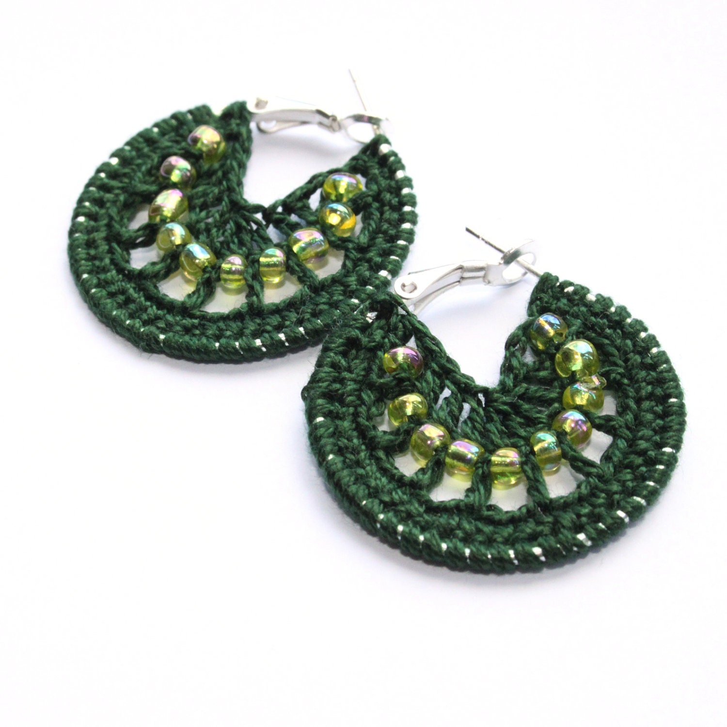 Christmas gift for her, 30mm Handmade Earrings, Crocheted Hoops, Silver Plated, Round Dangle Earrings, Dark Green