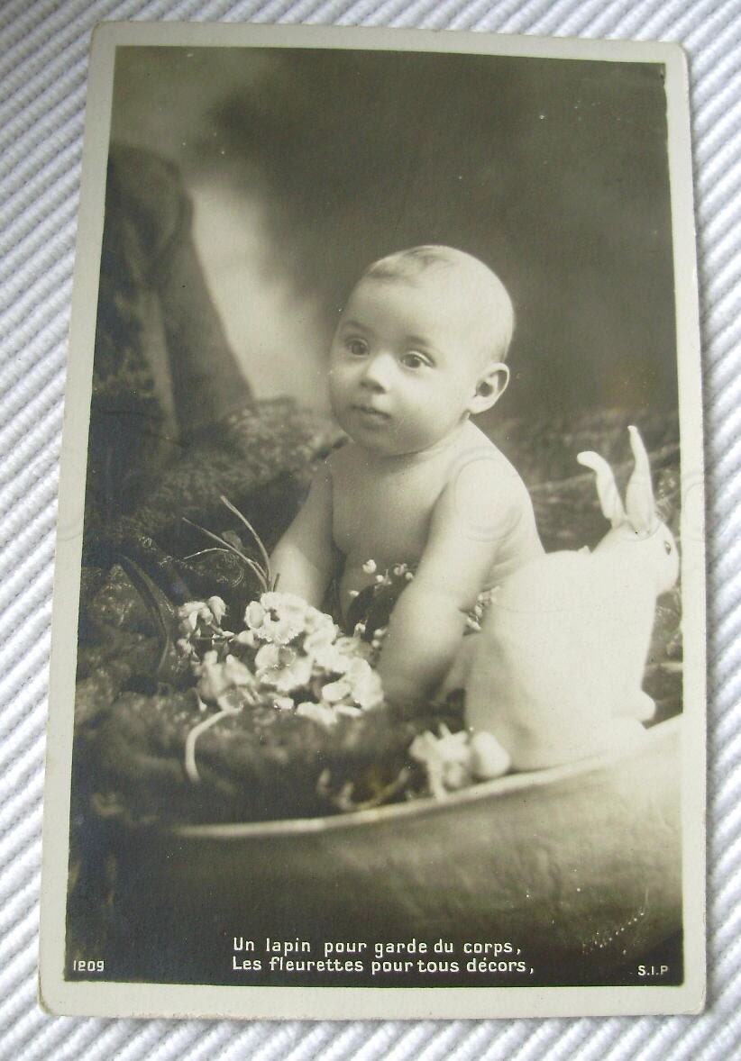 Antique French Unused Postcard - Baby with a Rabbit