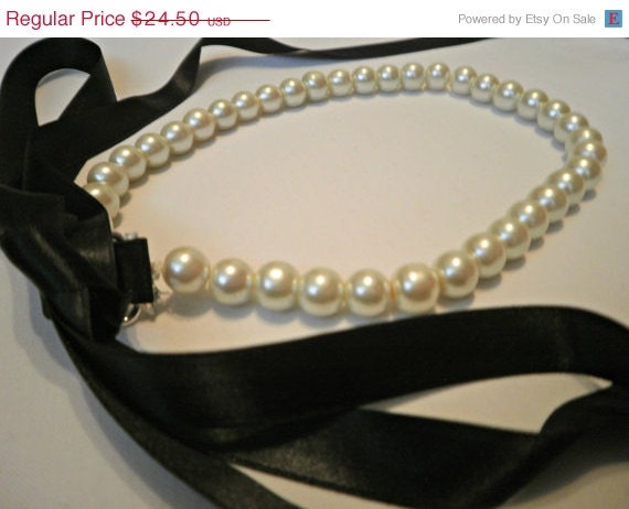 SALE Pearl Necklace with Ribbon in Black Wedding Jewelry Pearl Necklace Bridesmaid Jewelry Bridesmaid gifts Black Necklace Bride Necklace