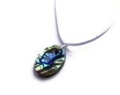 Iridescent Aqua Blue Paua Seashell Pendant On White Satin Nautical Ocean Underwater Rainbow Mermaid Jewelry
