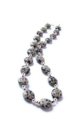 Polka Dot Spotted Black, Brown and Grey Dalmatian Jasper Stone Beaded Necklace with Silver Accents