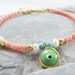 Delicate Green Lucky Evil Eye Stacking / Friendship Bracelet with Pink Coral , turquoise stone & Freshwater Pearl beads - Summer fashion
