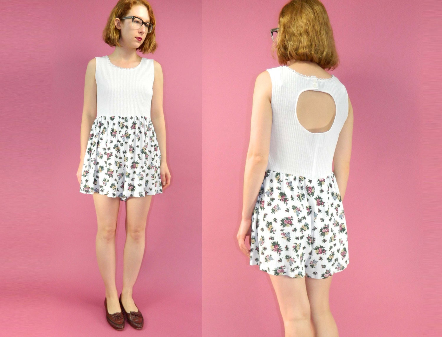 Romper 90s Floral Ribbed Cutout White Medium
