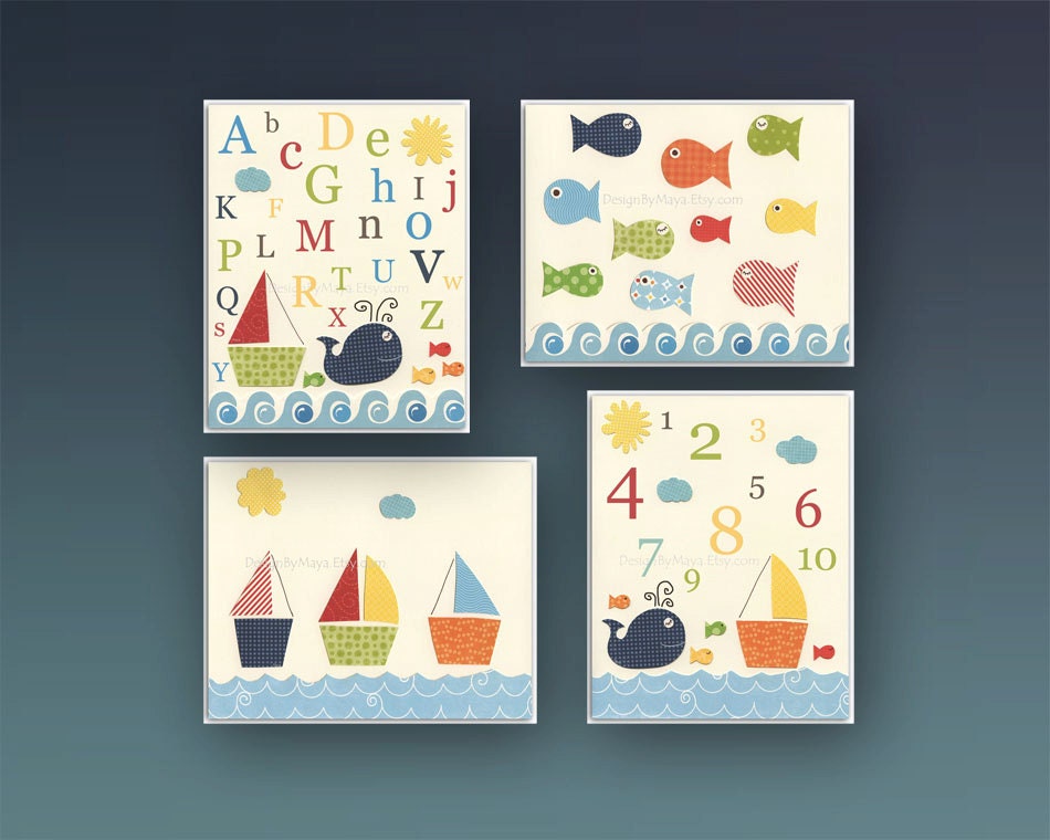 Nursery wall art, Baby room art Decor, kids Art print, baby room, Jackson, Sea set of 4 8x10, whale, fist, nautical prints, baby boats PBK