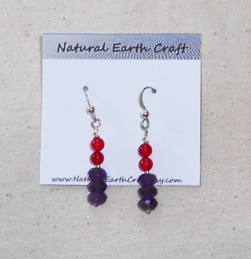 Red hat jewelry red agate and purple amethyst earrings semiprecious stone jewelry packaged in a colorful gift bag  E2092