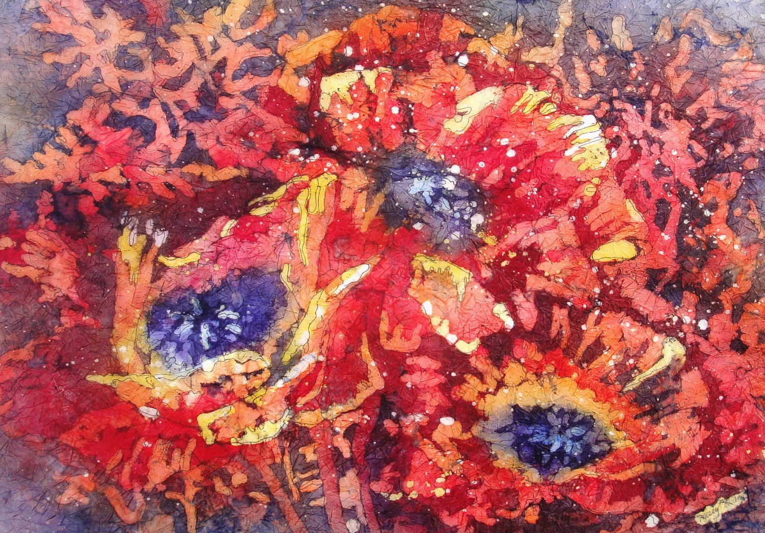 POPPY TRIO - Original Watercolor Batik  Painting