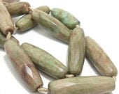 Agate, Fired, Antiqued, Green and Brown, Long Barrel, Rice, Faceted, Gemstone Beads,15x50mm, Large, 2pcs - ID 1312