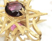 SALE Vintage 1980s Ensemble STATEMENT Gold Ribbons Huge Purple Gem with Free Gift
