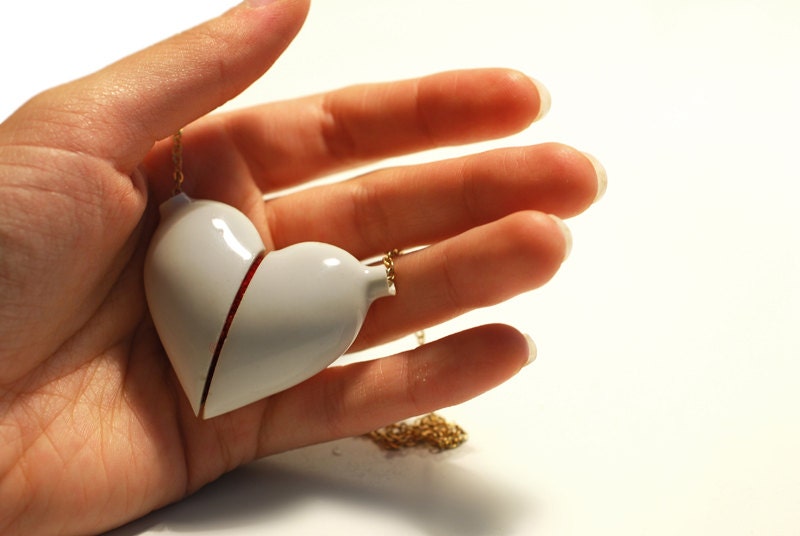 ceramic Large HEART NECKLACE white glaze, red felt, golden (long) chain  - break it to use it. perfect wedding birthday gift