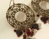 Antique Brass Filigree Earrings, Chandeliers, with Red and Garnet dangles - littletreeofjewels - littletreeofjewels