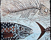 linocut reduction print, Big Blue, fish in blues and russet orange with fish skeleton