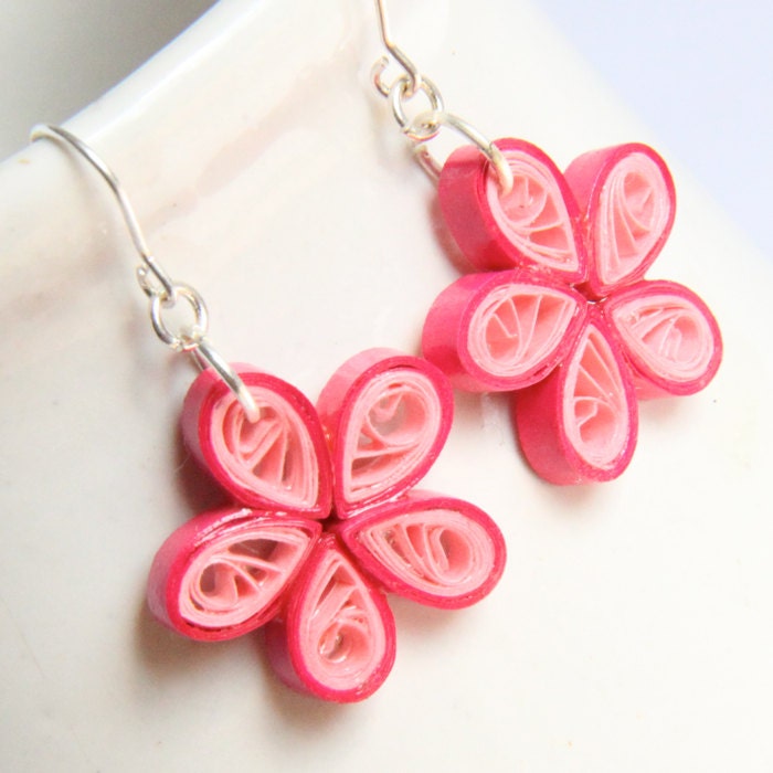 Eco Friendly Earrings Pink Flower Handmade by Paper Quilling Cute Daisies Bridesmaid Gift Artisan Jewelry