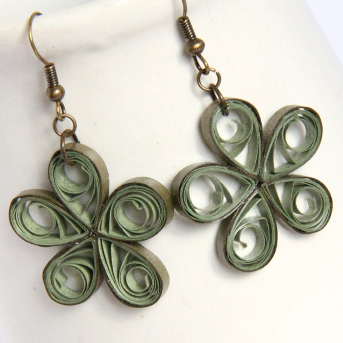 Large Green Flower Earrings Handmade Paper Quilled CLEARANCE sale 50% off