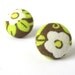 Vintage style earrings - olive green fabric earrings - tiny button earrings brown white flower swirls
