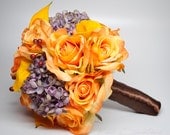 Rustic Orange Wedding Bouquet - Burnt Orange Rose Calla Lily and Lavender Hydrangea Wedding Bouquet