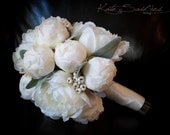 Ivory Peony Wedding Bouquet - Peony Wedding Bouquet with Lamb's Ear and Berries
