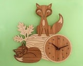 Bamboo Fox Wall Clock: Wood Animal Kids Clock Woodland Nursery Decor