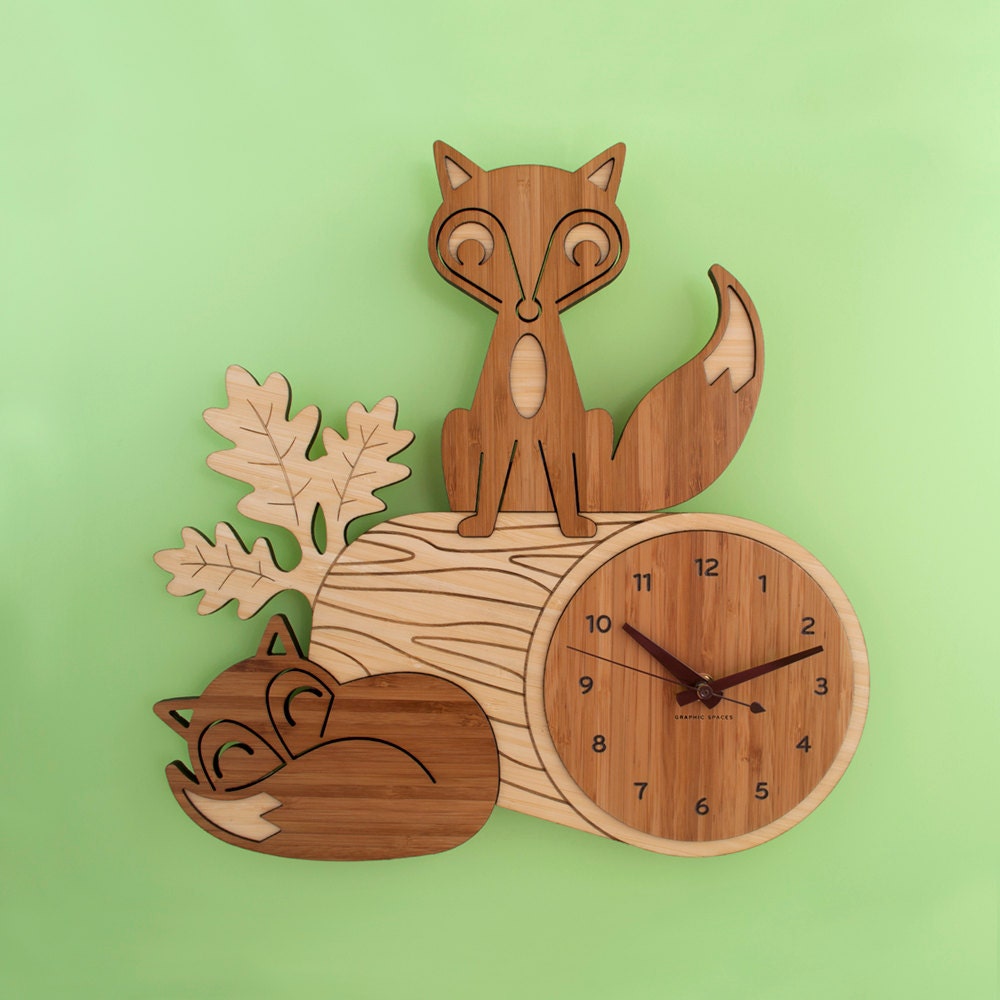 Bamboo Fox Wall Clock: Wood Animal Kids Clock Woodland Nursery Decor