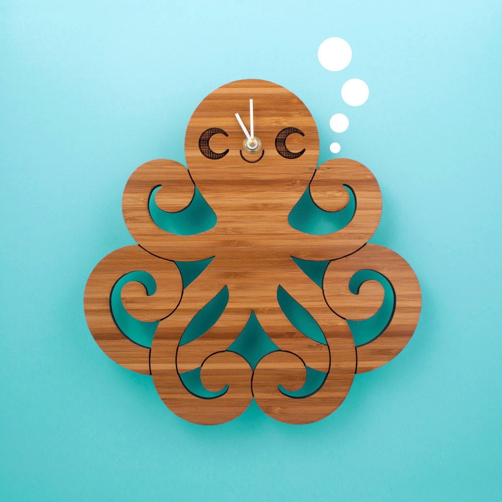 Bamboo Octopus Clock: Wood Kids Clock Ocean Nursery Baby
