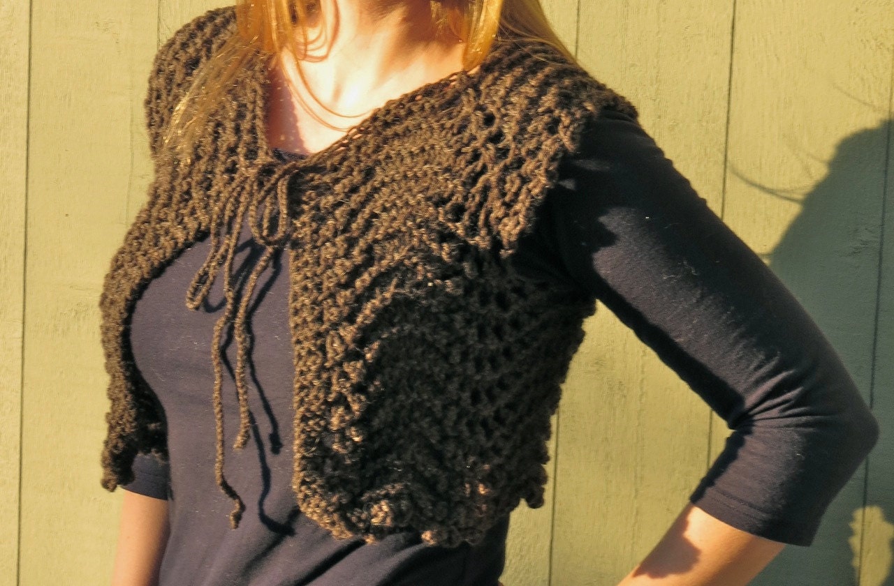 Cloud Bolero in brown- pure soft wool, hand knit, cap sleeve