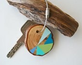 SUMMER SALE 20% OFF - wood keychain with stainless steel cable wire, tones of blue, olive, turquoise and mint geometric triangle shapes
