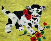 yellow for romantic Kitten, needlepoint, cross stitches, green eyes, tapestry