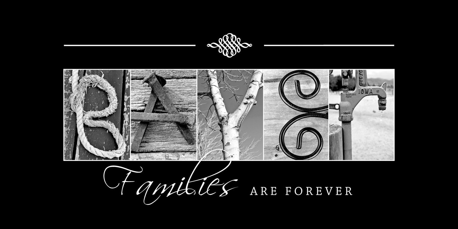 Personalized Family Name Sign - Alphabet Photography - Black and White Print- 10x20 Unframed
