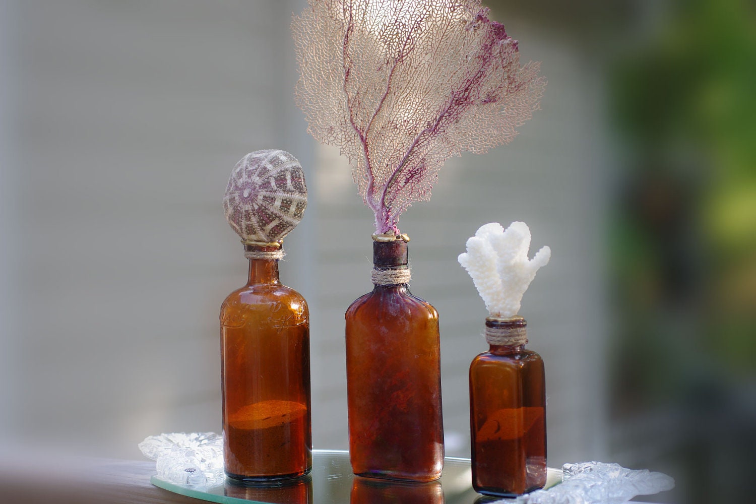 Beach Decor Vintage Set of 3 Amber Bottles with Sea Life - Sea Fan, Coral and Sea Urchin