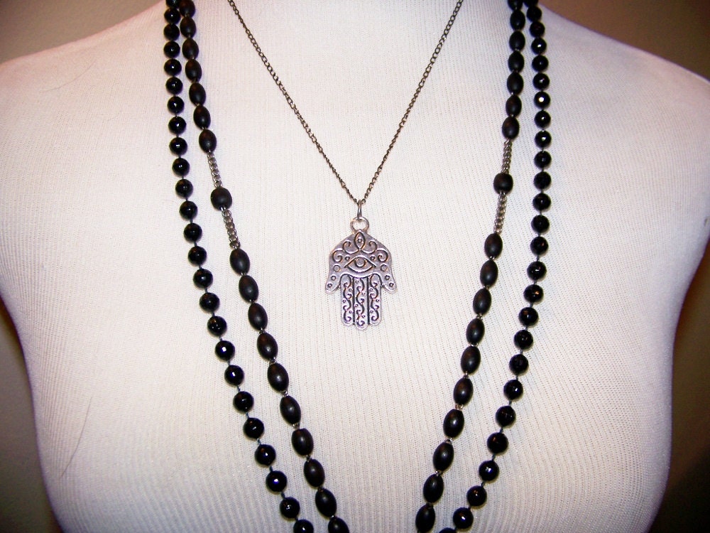 Hamsa Reversible Pewter Amulet Necklace/ Silver lead free/ Gothic Metal chain