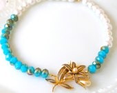Vintage Gold Pearl Flower Spray Pearl Pendant Asymmetrical  Aqua Blue Metallic Green Faceted Rondelle Pearl One of a Kind- Bridal Necklace