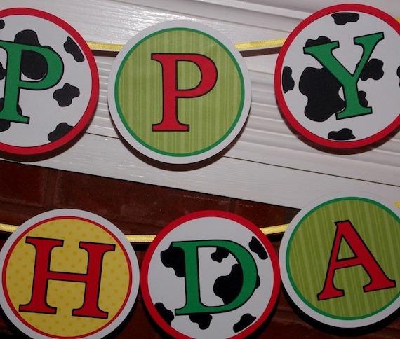 Farm Friends Birthday Banner ... 4 Barnyard Die Cut Panels ... red yellow white green cow print ... adjustable ... MADE TO ORDER Il_570xn
