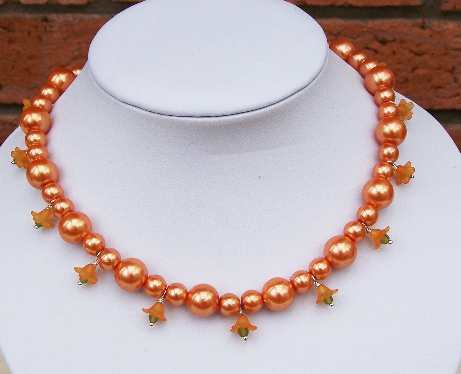 Glass Pearls Necklace with Flowers, Handmade Jewelry, Orange Necklace, Short Necklace, UK Seller