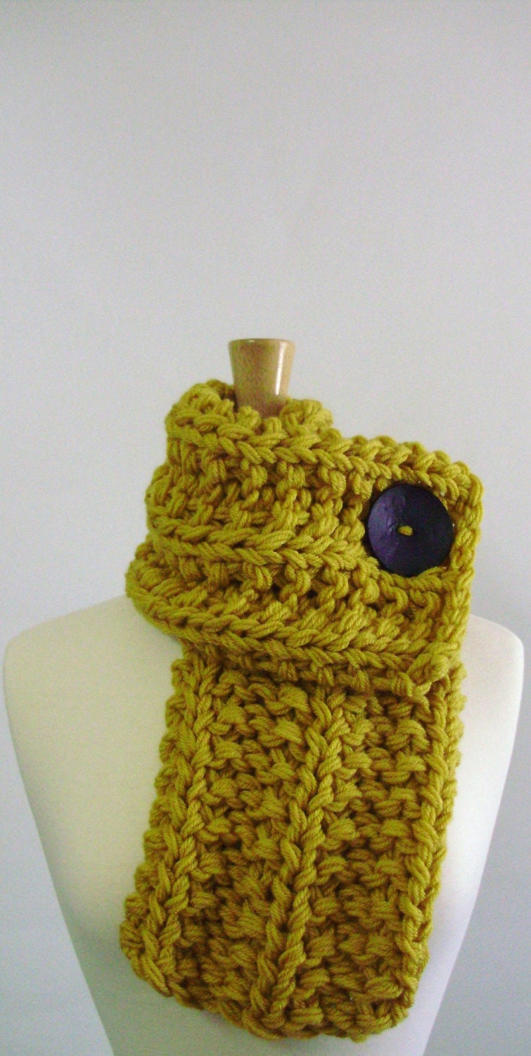 Mustard Yellow Chunky Knit Cowl Scarf with Large Purple Button