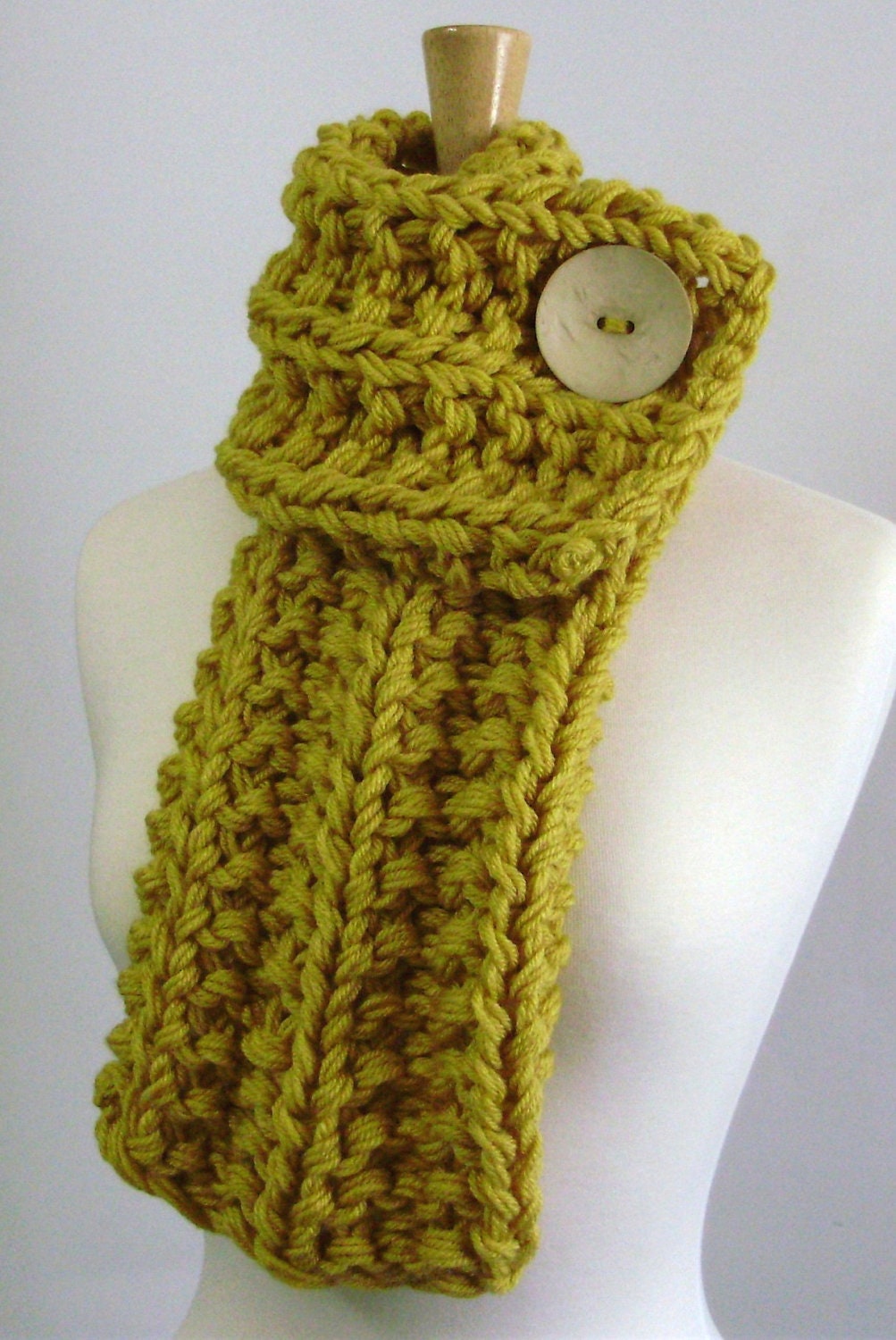 50% OFF Mustard Yellow Chunky Knit Cowl Scarf with Large Cream Button