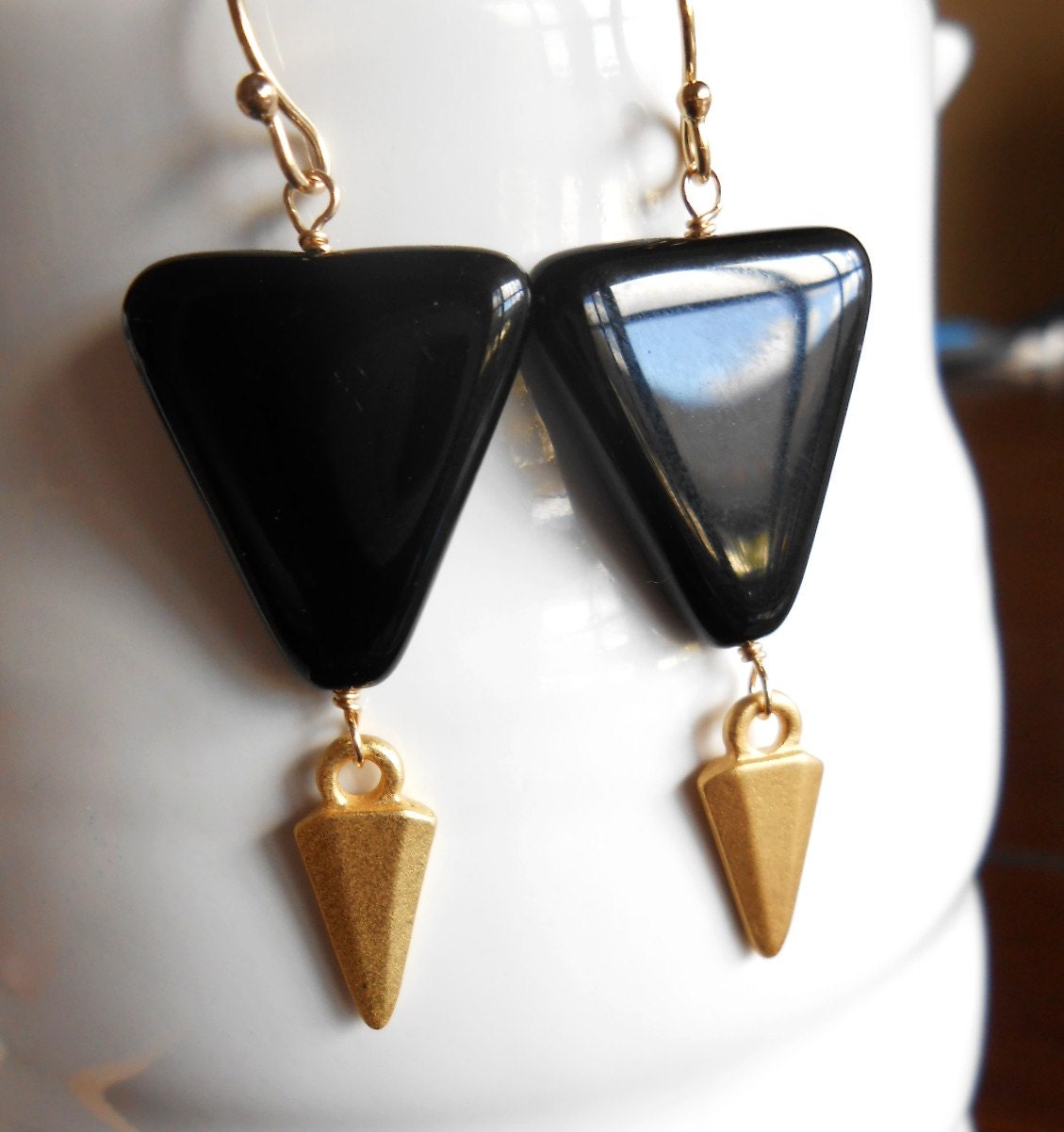 Geometric earrings- black and gold triangle tribal earrings, black triangle earrings, dangle earrings