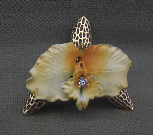 Yellow Orchid Flower Brooch Vintage Signed Joan Rivers