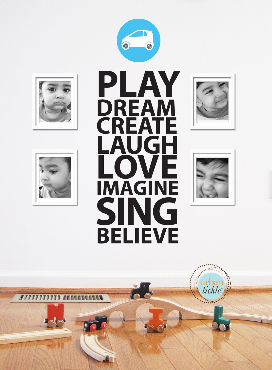 Words Wall Decal, Playful Wall Words, Nursery Artwork, Play Room Decor for kids, Typography, Bus Scroll