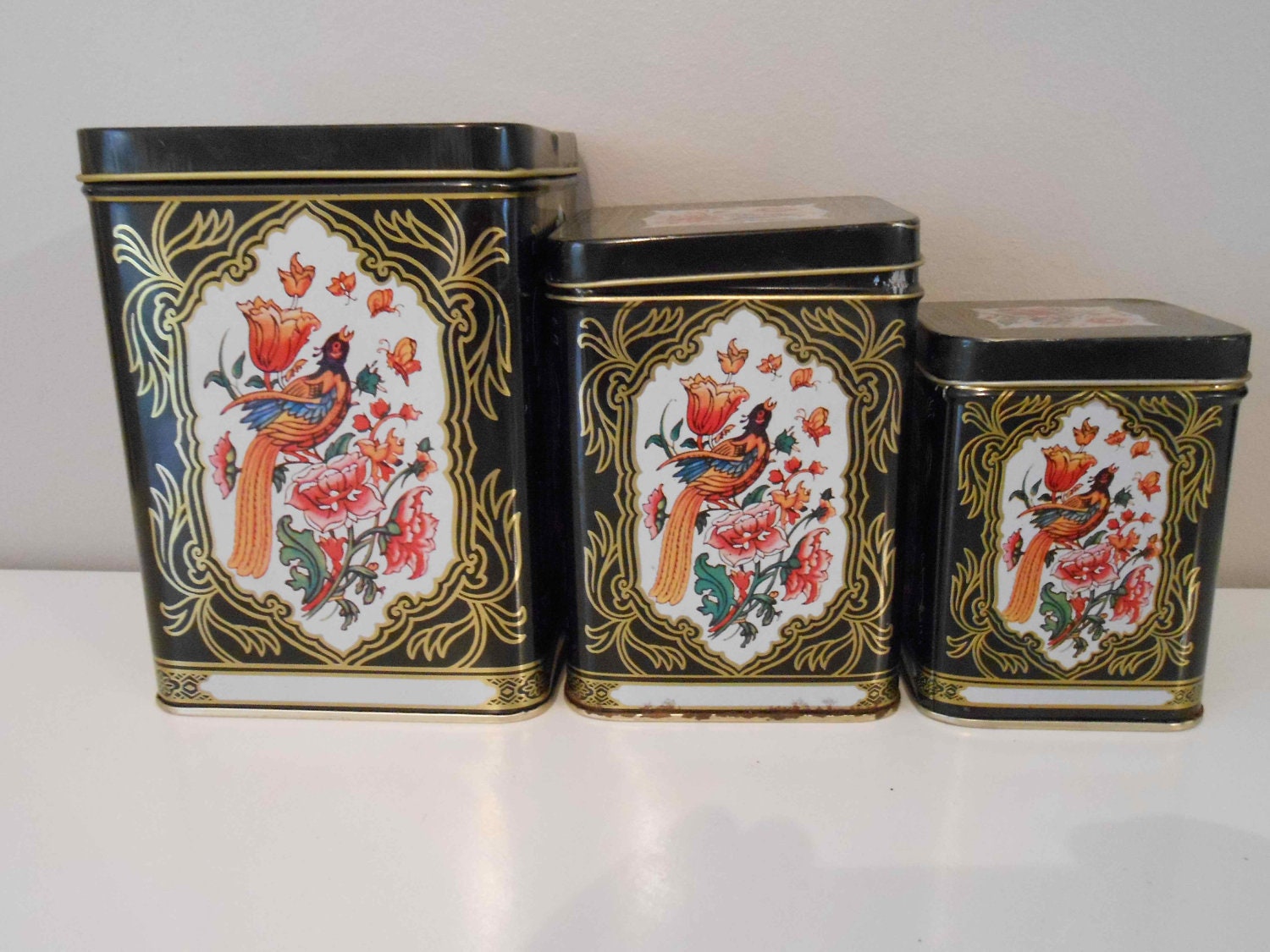 Tea Tin Trio Bird of Paradise Peacock Canister