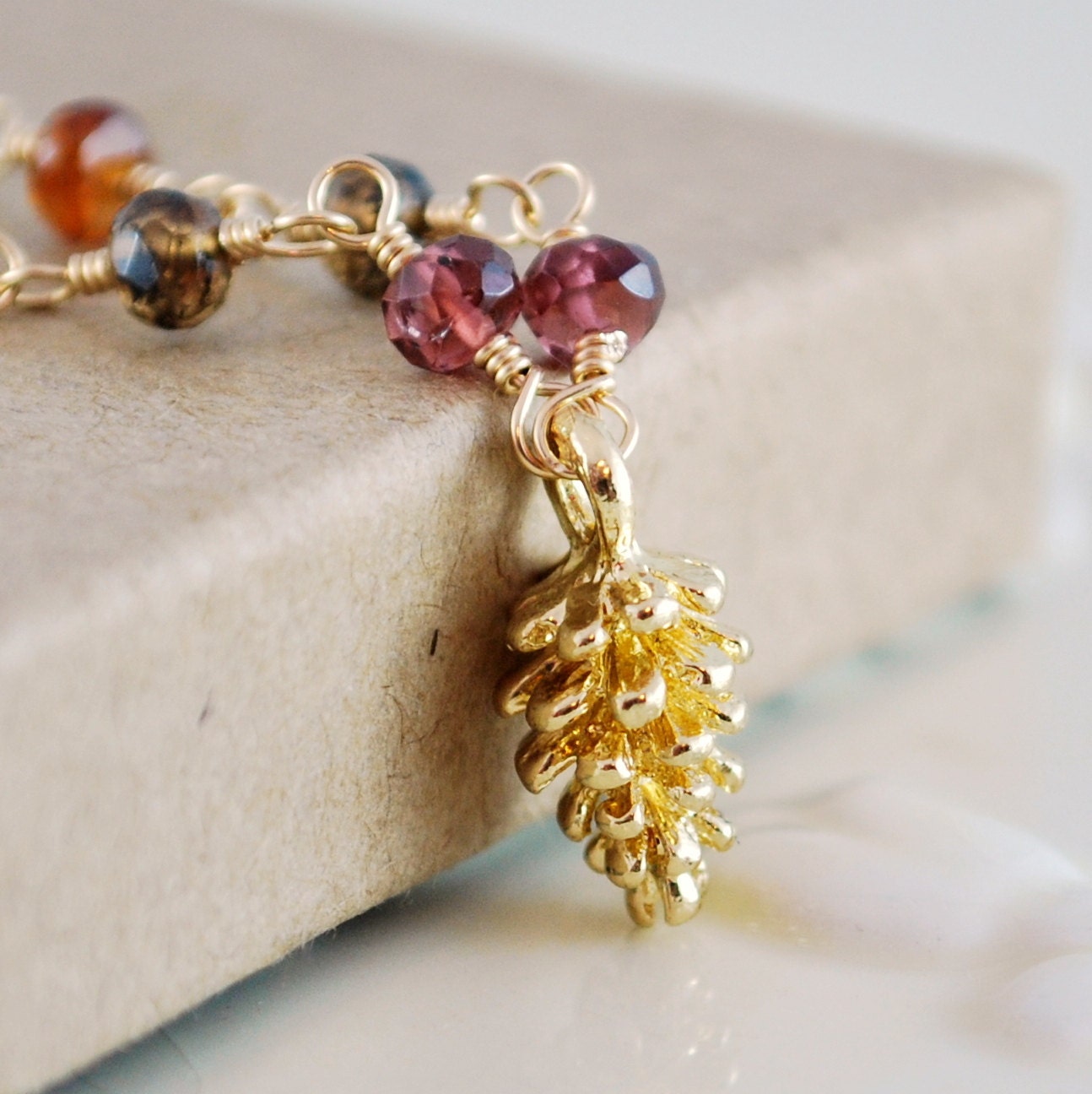 Tundra Sapphire Necklace Autumn Colors Genuine Semiprecious Gemstone Gold Jewelry Pine Cone Pinecone Charm Complimentary Shipping