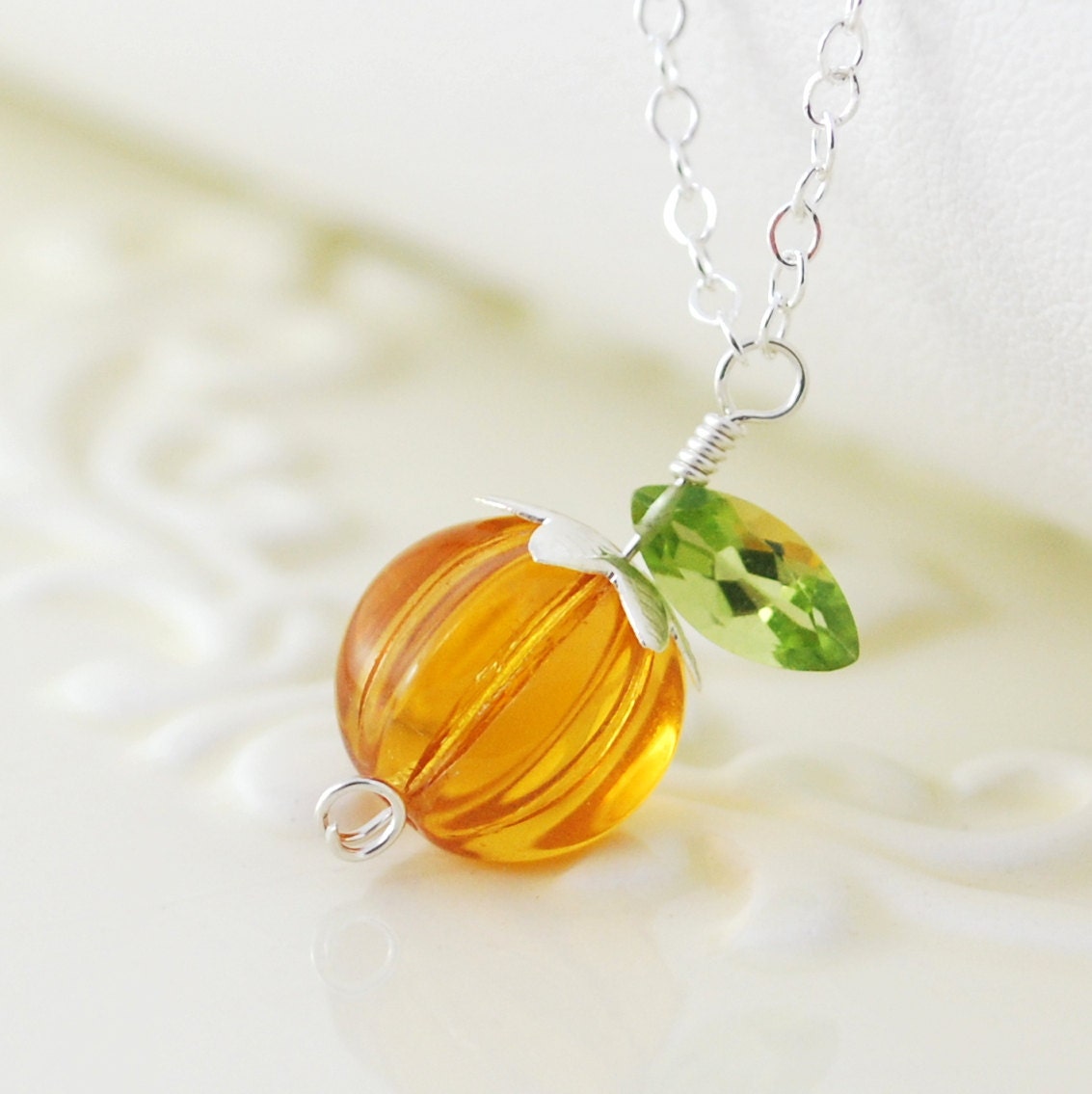 Halloween Jewelry Orange Pumpkin Necklace Glass Bead Genuine Peridot Wire Wrapped Sterling Silver Thanksgiving Autumn Complimentary Shipping