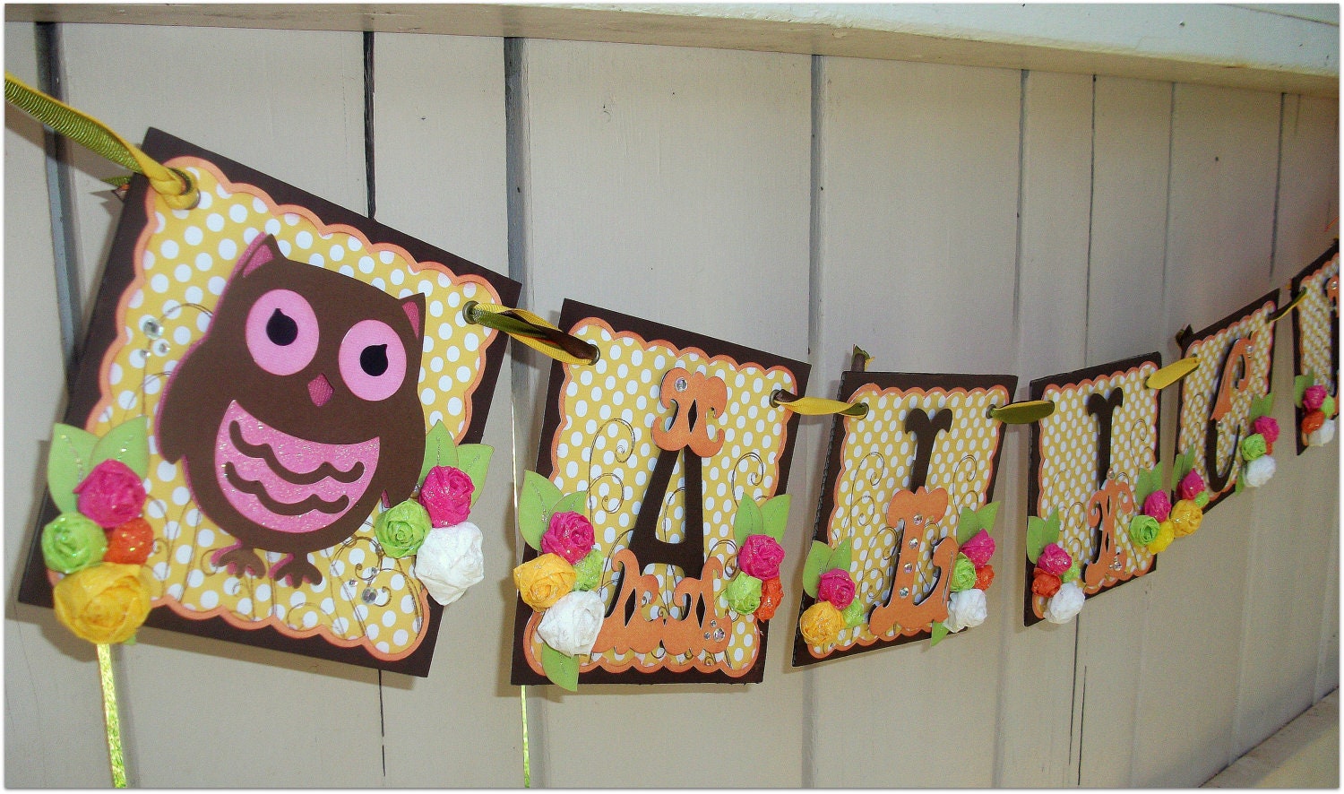 Handmade Banner - Custom made - GO GREEN - Name Banner Happy Birthday Baby Shower Bridal Shower Owls