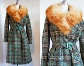 1970's Vintage Green Plaid Coat with Fur Collar