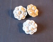 3 Vintage White Plastic Buttons. Fruit Bowl Apple Pear Cherries. 50s 60s.