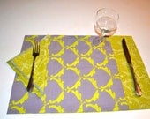 Placemat Napkins Reversible Set of 4 Lime Green Grey Modern Floral
