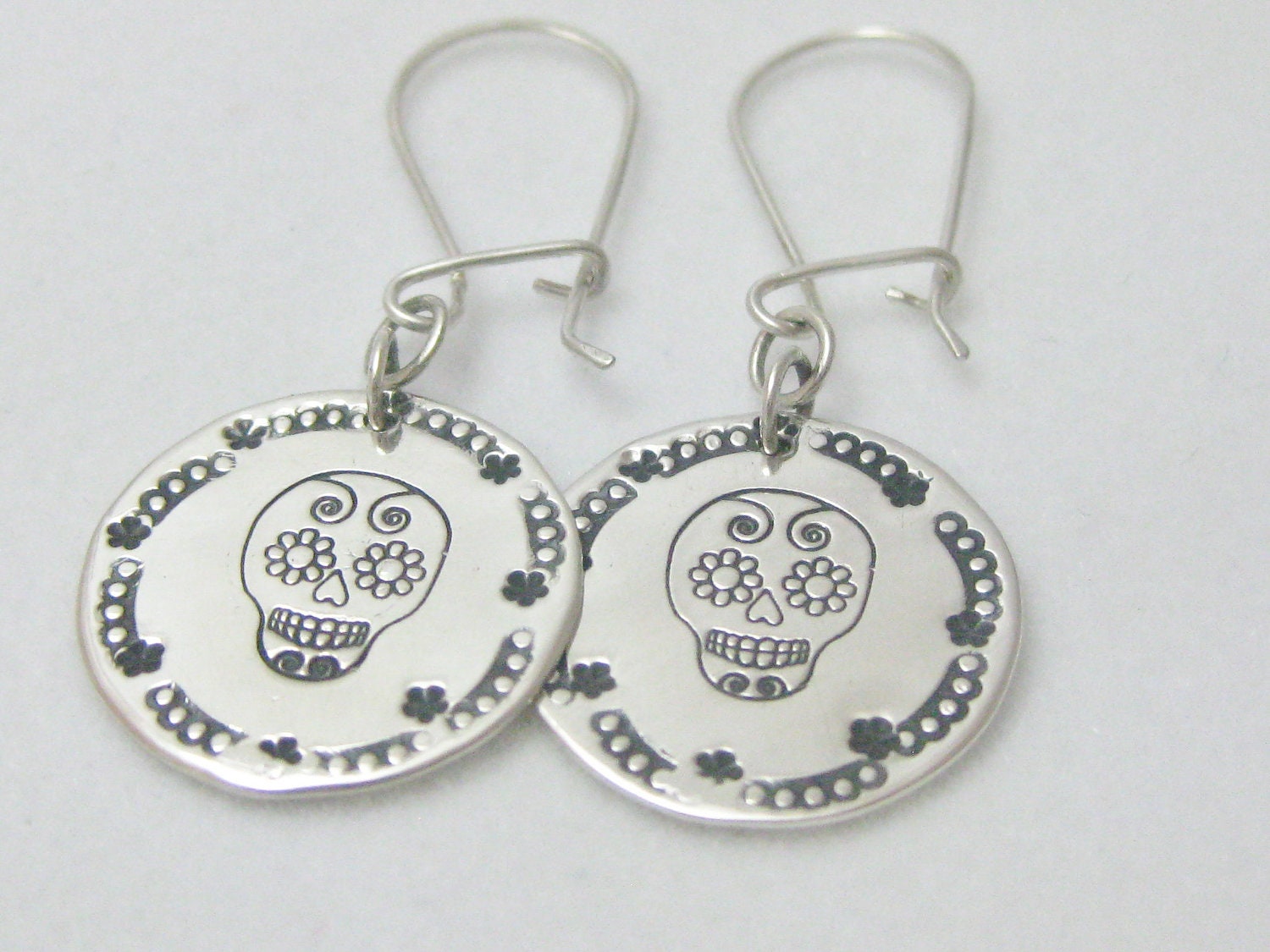 Day of the Dead Sugar Skull Sterling Silver Dangle Earrings Dia de los Muertos