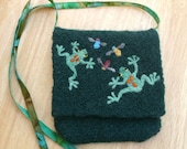 Pocket Purse Frogs and Flies Original Needlefelt Design on Recycled Wool