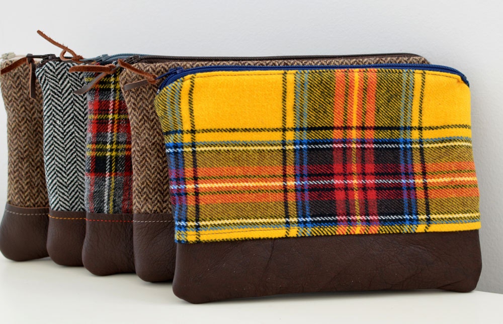 Zipper Pouch in Leather and Plaid- mustard yellow flannel mens womens travel ipod tech gift cosmetics clutch dopp kit