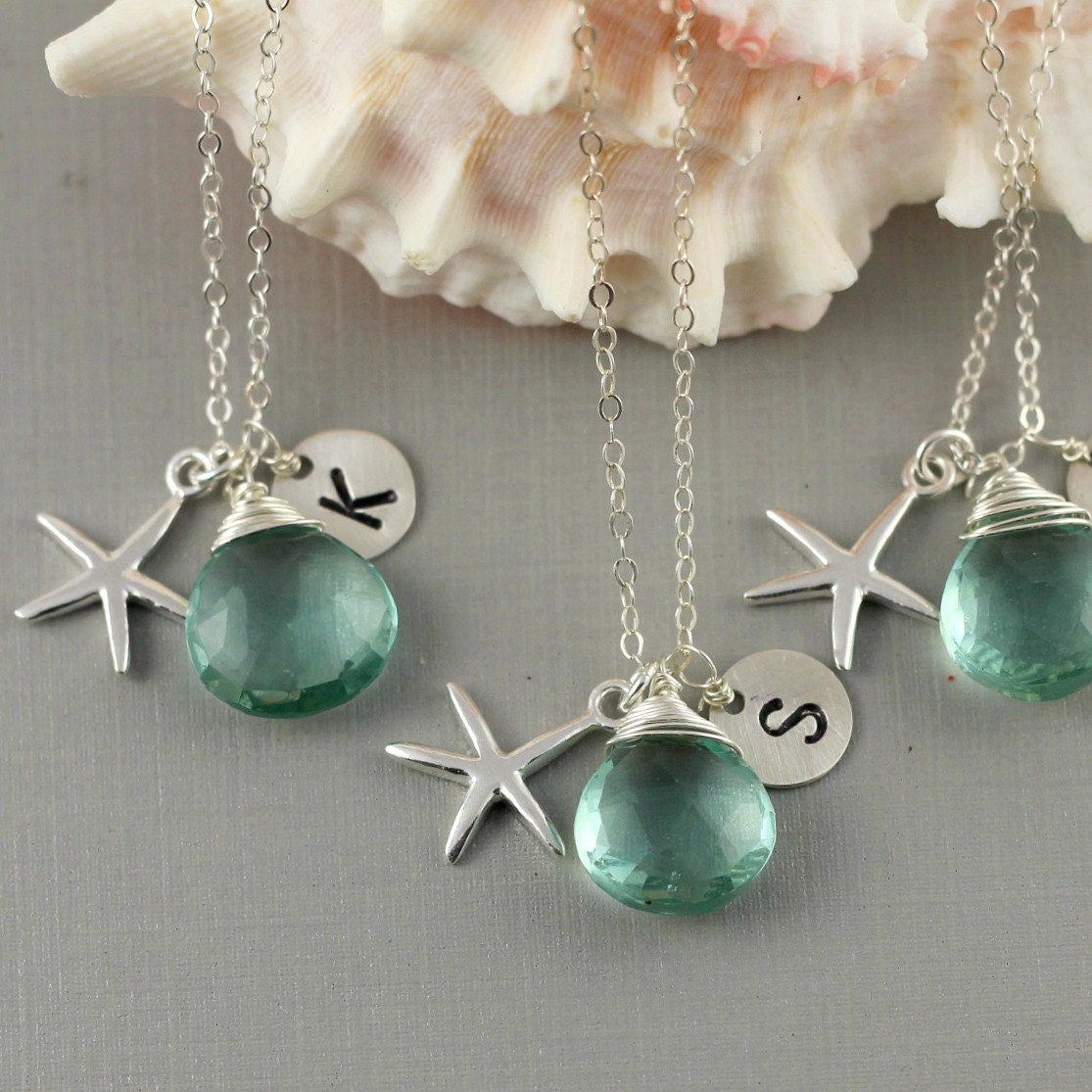 Set Of 3 Monogram Necklaces,Bridesmaid Gift, Beach Wedding, Sea Green Quartz, Sterling Silver Starfish Charm, wire Wrapped Gemstone, Aqua