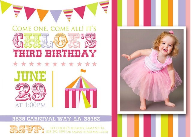 CARNIVAL or CIRCUS PARTY Birthday Invitation with Tent, Bunting Banner and Stripes, Simple and Modern. Printable file and photo