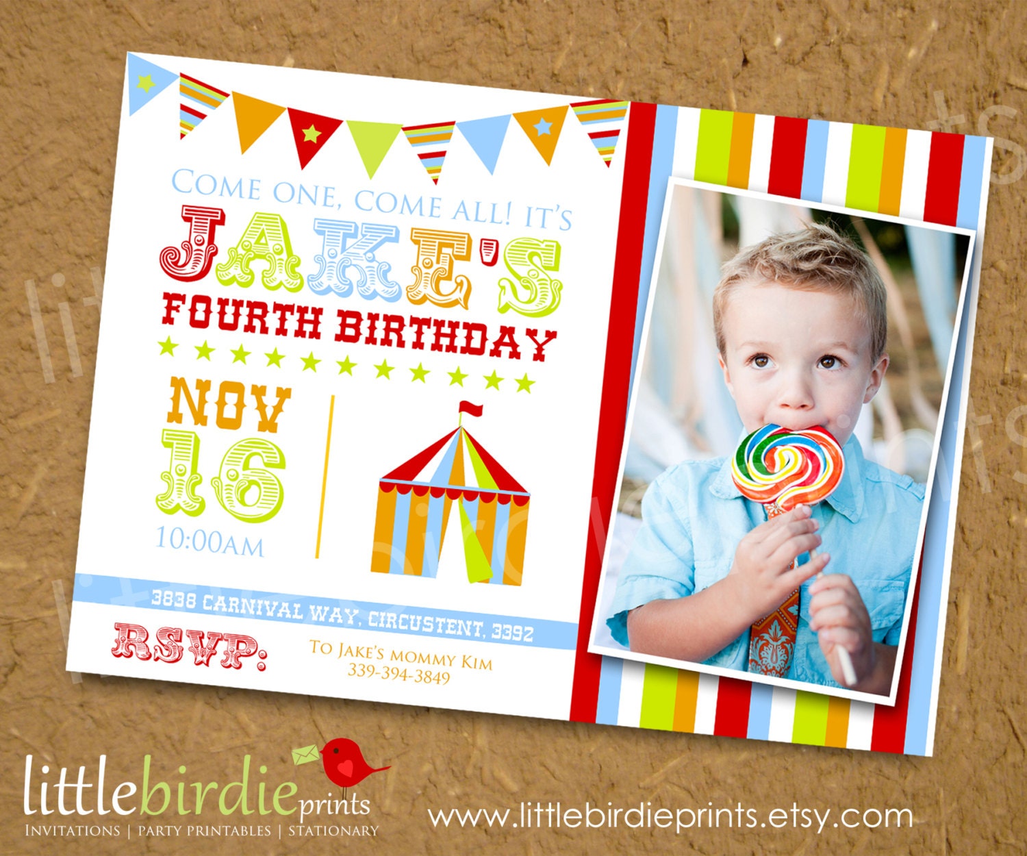 CARNIVAL INVITATION Birthday Party  with Tent, Bunting Banner and Stripes, Printable file and photo